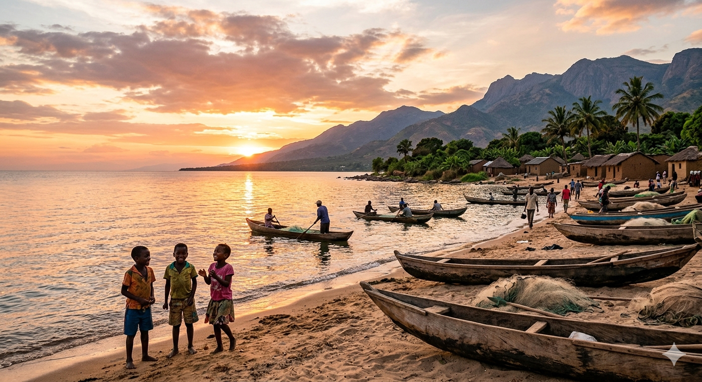 Malawi lake at dawn with people and fishing boats