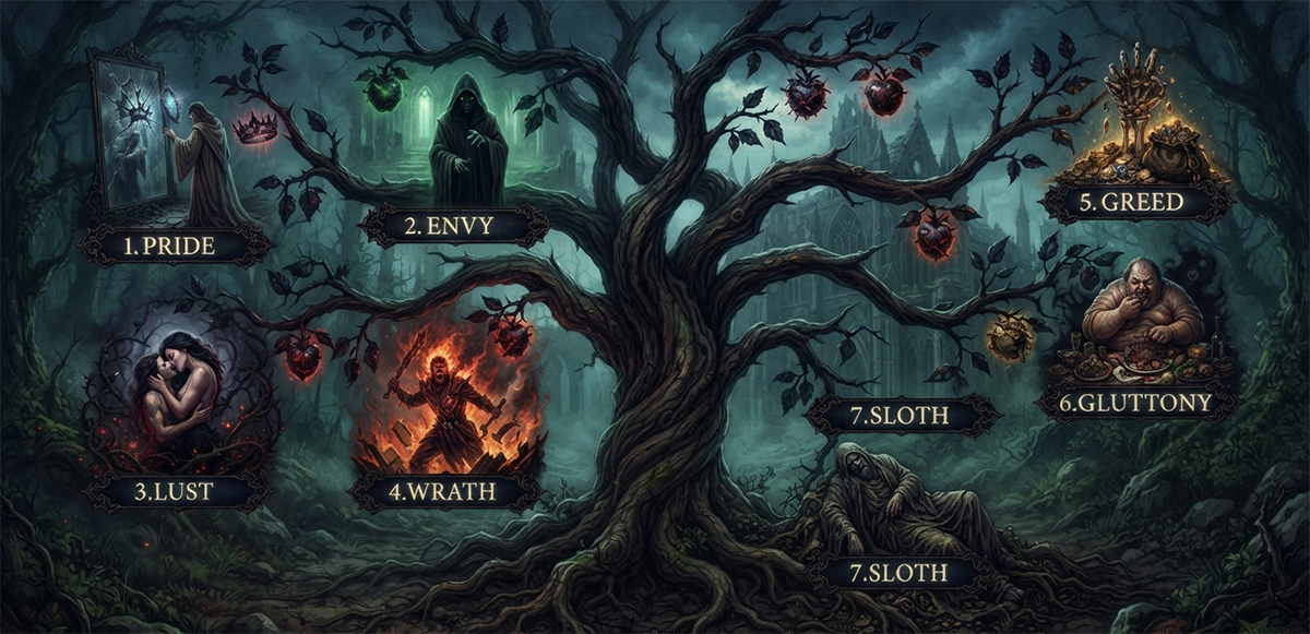 Sources of sin tree showing the seven sins that often lead to great sin