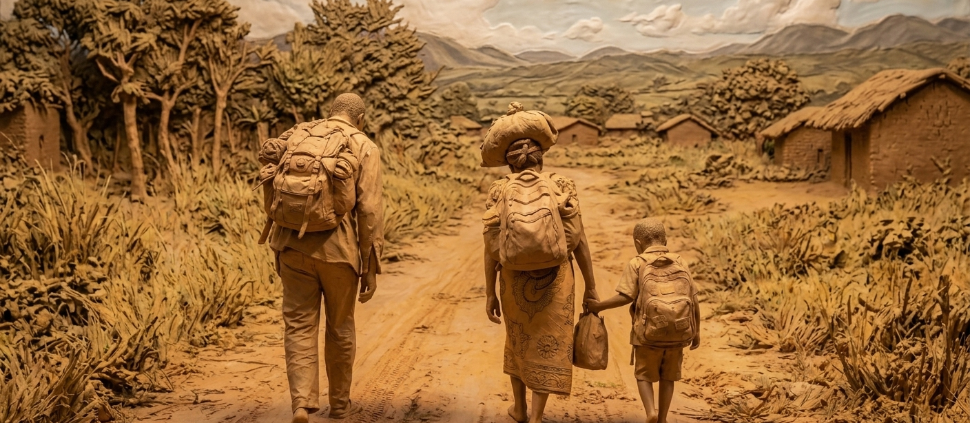 Malawi man, woman, and child carrying heavy backpacks, covered in dirt